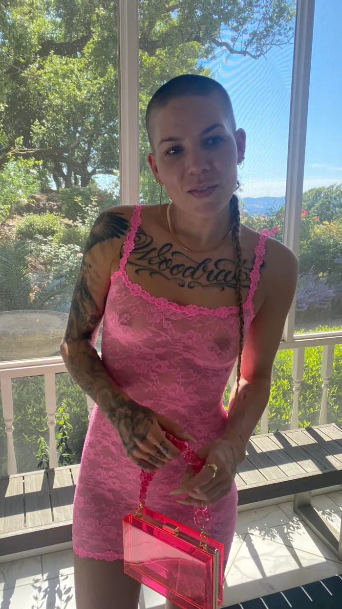 Skylar Grey nipples in a pink lace dress