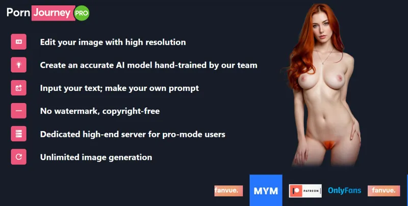 Nude AI generated redhead along with description of all the AI features of Porn Journey app
