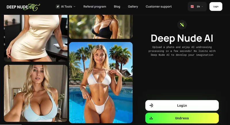 screen shot of the deep nude AI website featuring sexy blondes in skimpy outfits
