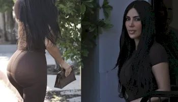 Kim Kardashian wearing tight brown leggings in public