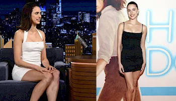 Sexy brunette actress showing off her legs in sexy dresses