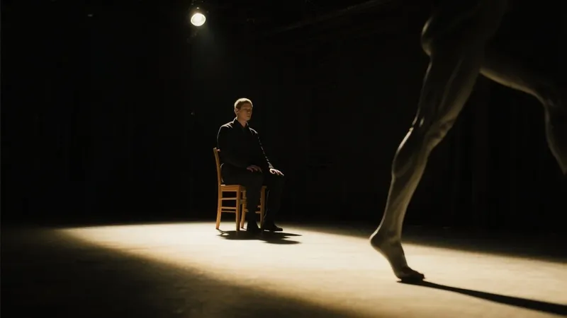 Man sites in a chair in a dark room. A woman in pantyhose can be seen walking away