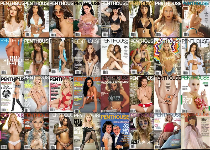 A big collage of Penthouse magazine covers