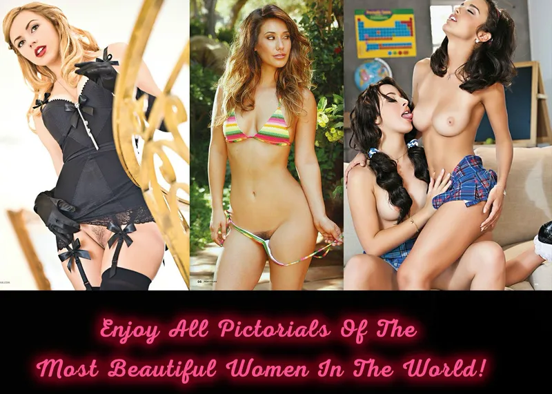 Collage of two sexy girls revealing their pussy and a lesbian couple topless and licking tits