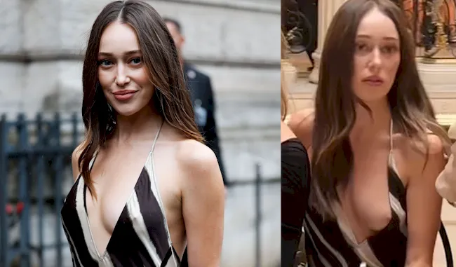 Alycia Debnam-Carey braless in a sexy black and white dress. Nipple slip screen shot included