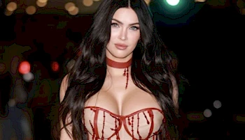 Close up of Megan Fox showing cleavage in a corset