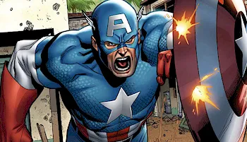 Captain America using his shield to deflect bullets