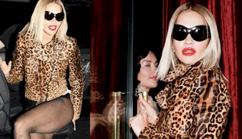 Rita Ora in pantyhose and a leopard coat
