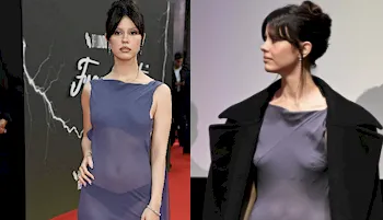 Mia Goth braless and showing underwear at an event