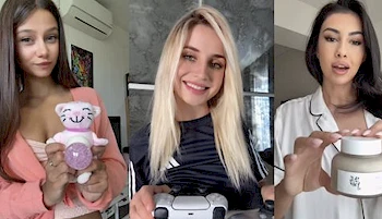 Three pretty girls holding up random objects