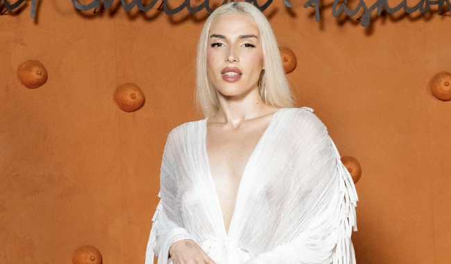 Cropped from waist up of a woman posing in a sheer dress