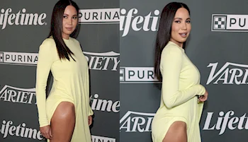 Two panels of a sexy woman turned to the side and showcase her leg