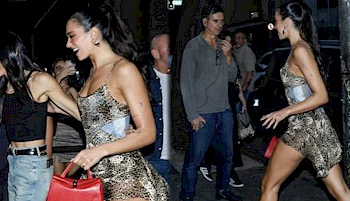 Two panels of Dua Lipa walking by in public