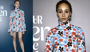 Two panels of a model showing a lot of leg on the left and a close up of her face on the right