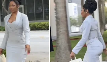 Two panels of black woman in a tight dress walking by