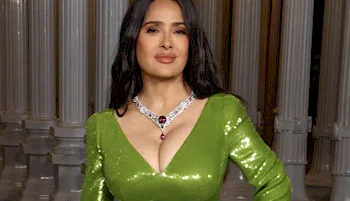 Close up front view of Salma Hayek showing cleavage
