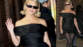 Close up and body view of Sydney Sweeney wearing a dress and pantyhose