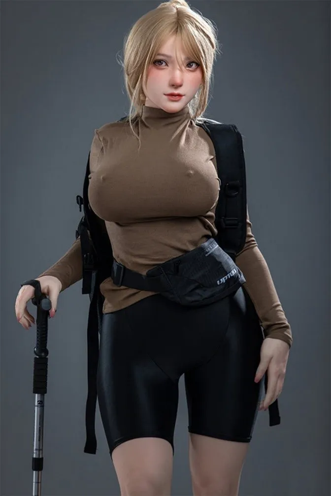 Front view of Asian sex doll wearing a hiking outfit