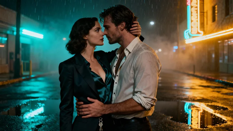A man and a woman embrace n the street in the rain at night