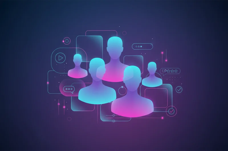 graphic of social media icons and floating torsos