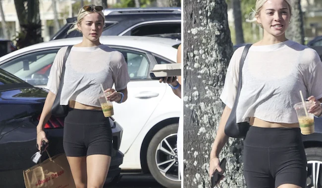Two panels of a fit girl walking in a parking lot holding a drink and a bag
