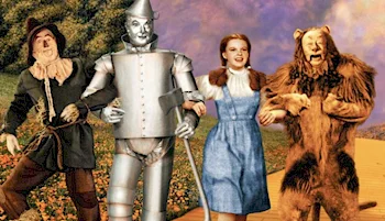 Front view of the characters from Oz - straw man, tin man, dorotthy and the lion