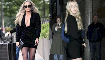 Two panels of woman walking in a tight dress and pantyhose