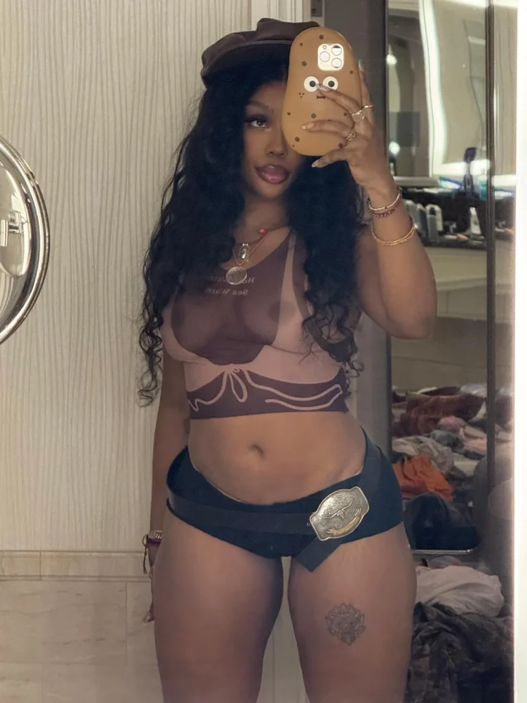 SZA snapping a selfie wearing a see through top
