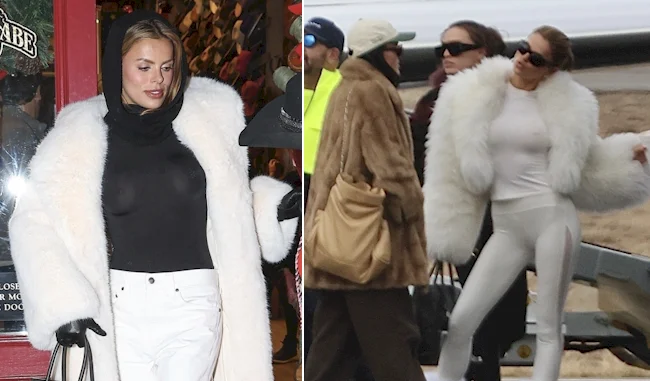 Two panels. In the left a woman is leaving a store and in the right the same woman strike a pose on an airport runway