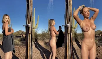 Three panels of a nude woman in an outdoor shower