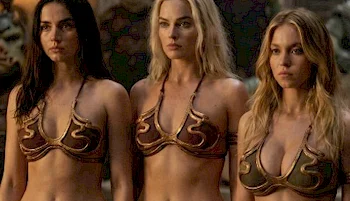 AI of three actresses standing next to each other wearing the Slave Leia costume