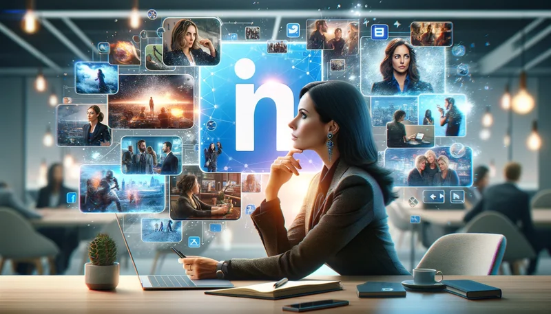 A woman in business attire sits at a desk with a laptop, surrounded by floating LinkedIn icons and profile images, symbolizing professional networking in a modern office environment.