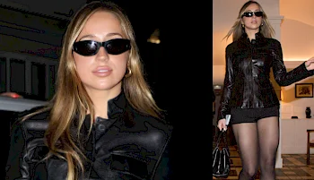 Close up of woman's face and a panel of the same woman walking and wearing pantyhose