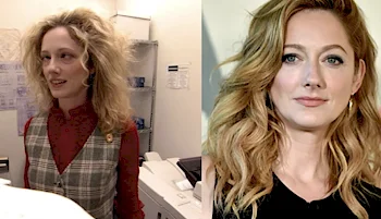 A side-by-side comparison of a woman with curly blond hair wearing a plaid vest in a casual setting and the same woman with styled hair and makeup, dressed formally.