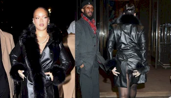 Rihanna wearing a black leather coat with fur trim is shown from the front and back. The coat is knee-length and accessorized with jewelry. Another person stands nearby, dressed in a coat and scarf.