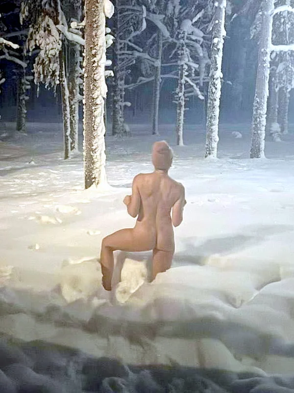 Chelsea Handler seen from behind as she kneels naked in the snow, surrounded by snow-covered trees in a wintry landscape. The scene appears serene.