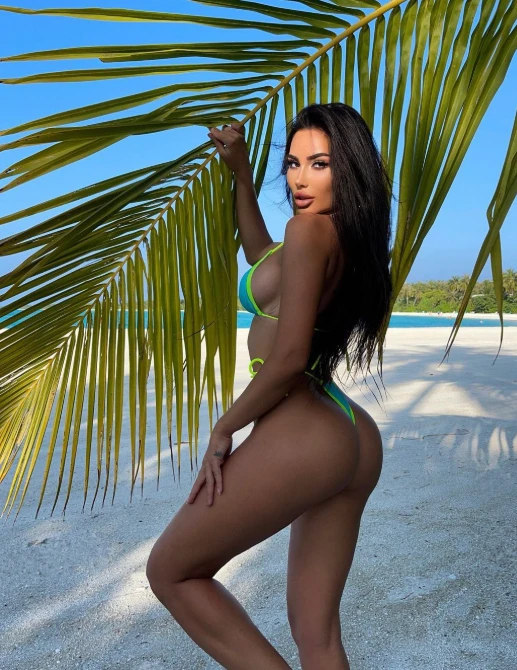 A woman with dark hair is posing at a beach in a bikini. She is standing sideways and is grabbing a giant palm leaf.