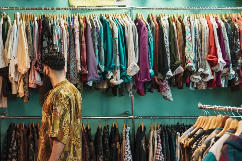 A man browsing colorful vintage clothing rack