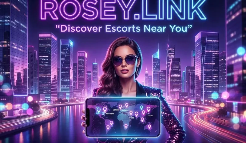 A stylish woman in sunglasses holds a tablet showing a world map with location pins. Neon lights and a city skyline appear in the background, with the words “ROSEY.LINK” and “Discover Escorts Near You” in glowing text above.