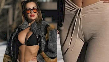 A woman wearing sunglasses, a fur jacket, and a black bikini top is outdoors. Next to her is a close-up image of her crotch in tights.