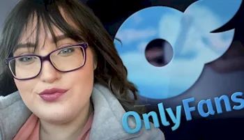 A woman with brown hair and glasses poses for a selfie in front of a large OnlyFans logo.