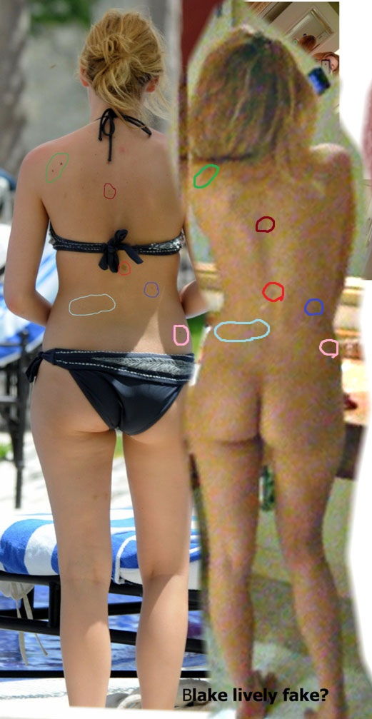 Two side-by-side photos of a woman, one in a black bikini outdoors and one naked indoors. Colored circles and outlines are drawn on her back and lower body for comparison. Text at the bottom says, Blake lively fake?.