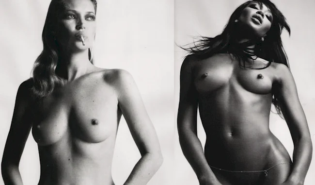 Two naked fashion models side by side in black and white
