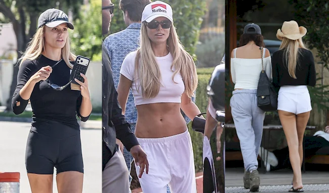 Three images of a blonde woman in sporty outfits, including a white crop top and shorts, walking outdoors and holding her phone, seen from the front and back. Another woman wearing a hat appears in the third image.