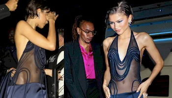 Two photos show a woman in a sheer, dark dress with a deep neckline and wavy details, posing confidently at an event. A man in a pink shirt and black jacket stands behind her in one image.