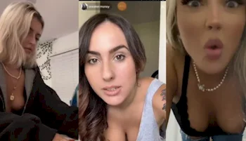 Three women appear in a collage: the first is looking down and wearing a dark jacket, the second looks directly at the camera with a neutral expression, and the third faces the camera with a surprised expression.