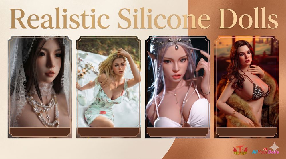 A promotional banner displays four realistic silicone dolls dressed in different outfits and poses, under the heading Realistic Silicone Dolls. Brand logos appear in the bottom right corner.