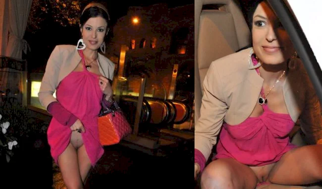 Two panels of a woman in a pink dress flashing her vagina in public.