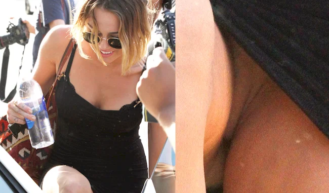 A woman wearing sunglasses and a black dress steps out of a car, smiling and holding a drink bottle. The image is split with a close-up on the right side showing part of her thigh and vagina.