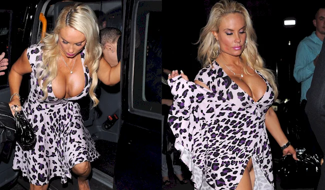 A woman with long blonde hair wearing a low-cut, purple and black leopard print dress steps out of a car and walks at night, holding her purse and adjusting her dress.